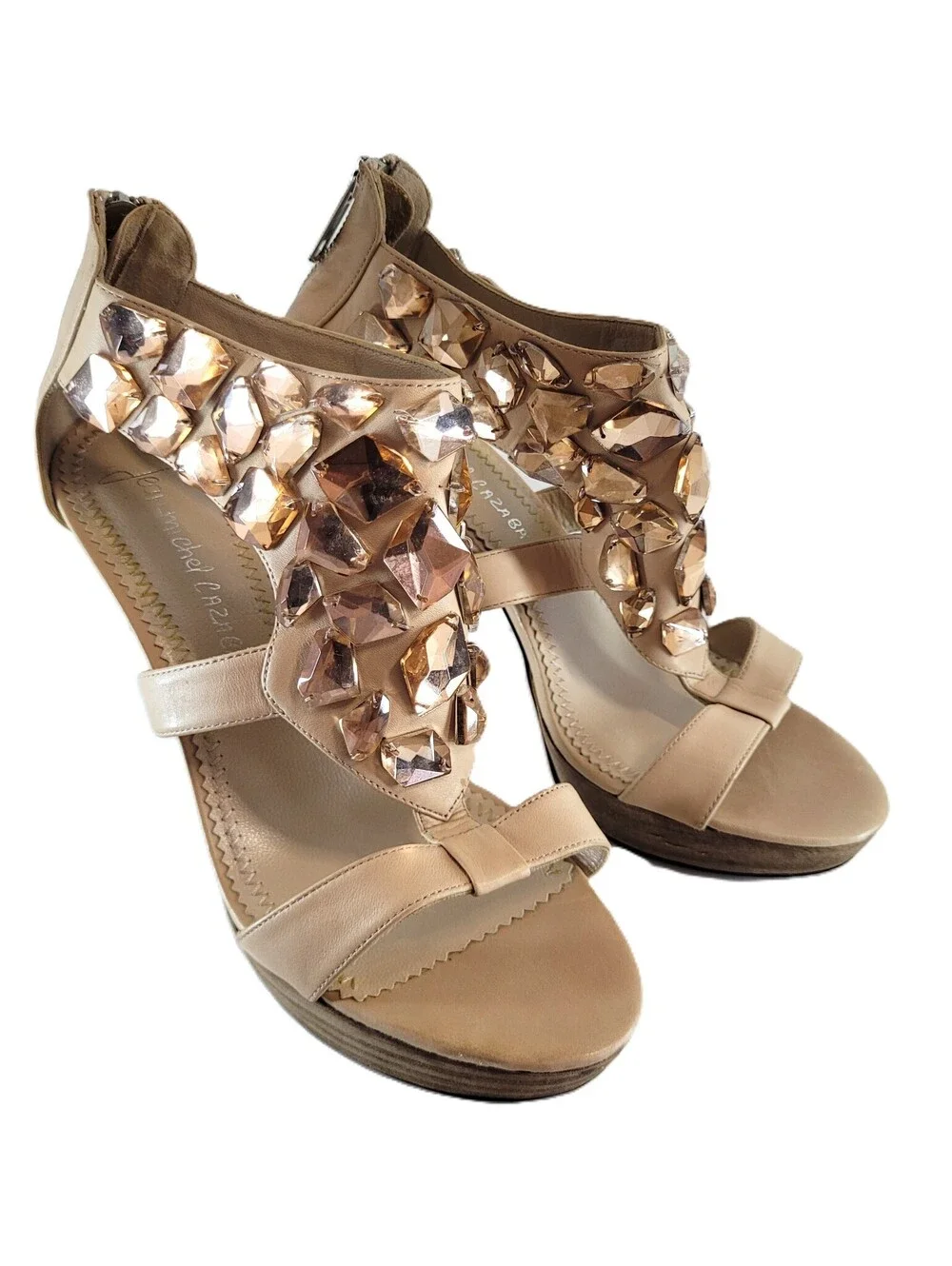 Jean-Michel Cazabat Women's EU 39 US 8.5 Nude Leather Crystal Embellished Heels
